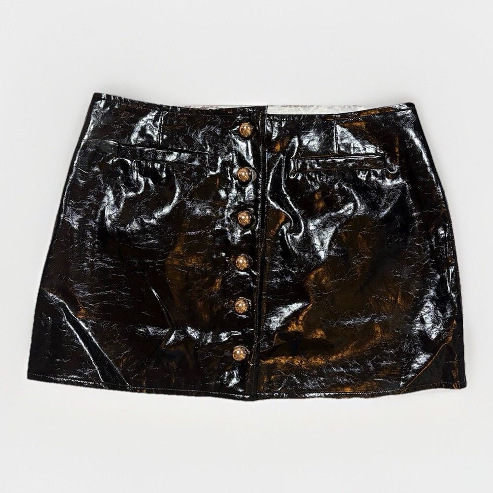 NWT! Lulus Women Black Faux Leather Skirt M With Chunky Gold Buttons Full Close